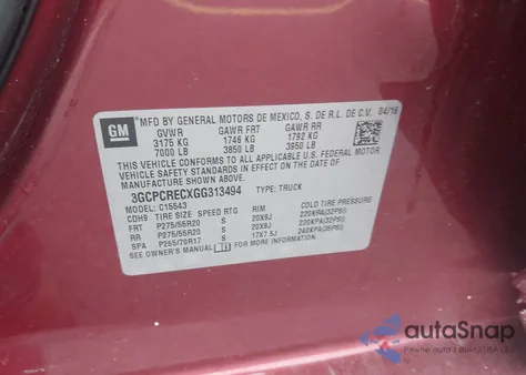 2016 Chevrolet Silverado 1500 1Lt из США, поврежденный, VIN 3GCPCRECXGG313494